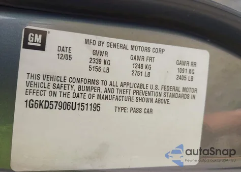 2006 Cadillac Dts Performance from USA, damaged, VIN 1G6KD57906U151195